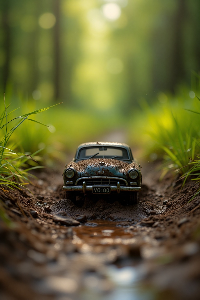 professional photo,  close-up a old dirt miniature car in mud,  forest path (grass on Tensor.Art