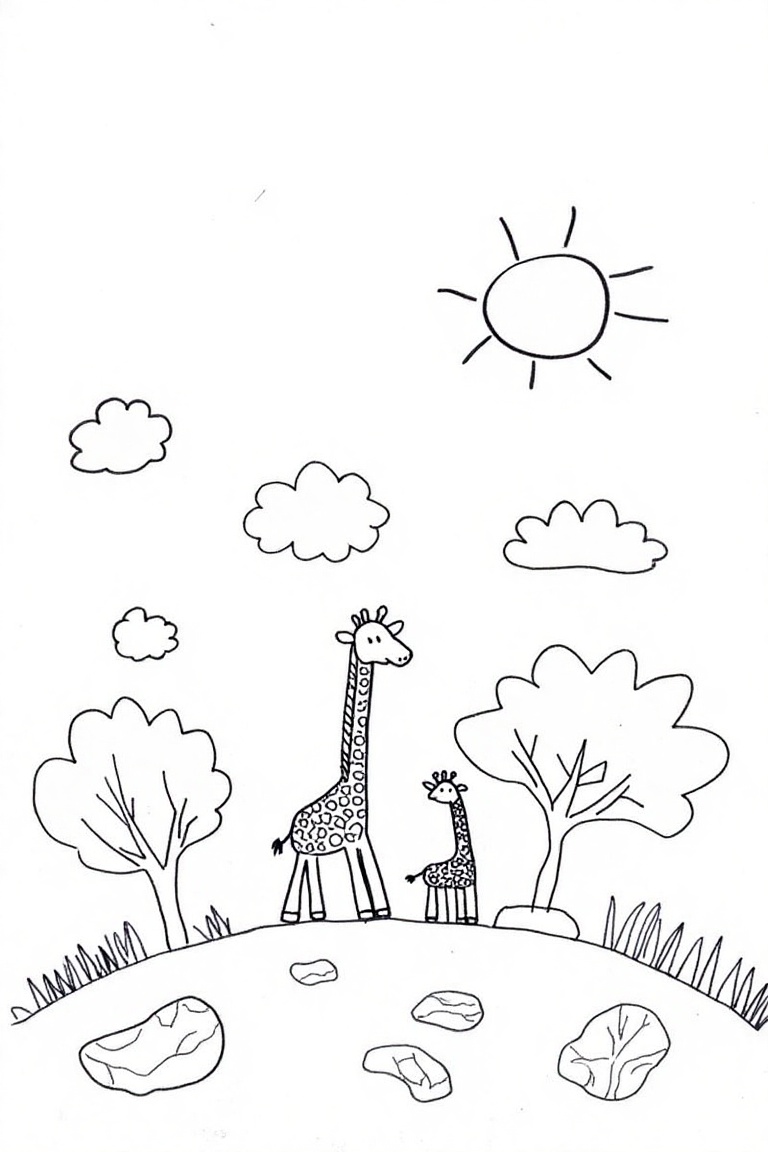 Childlike vector doodle,  black and white image without color Giraffes,  trees on Tensor.Art