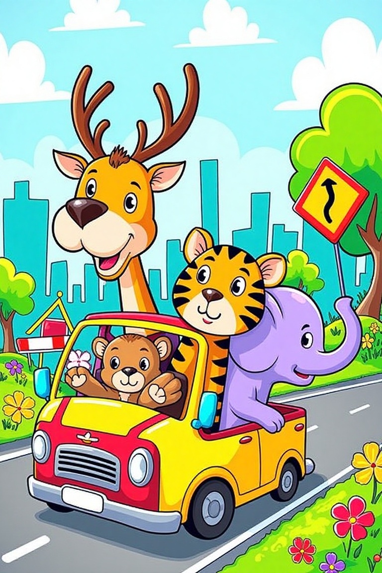 A vibrant childlike vector doodle scene featuring a rusa deer,  a harimau tiger,  and an elephant riding in a colorful car...