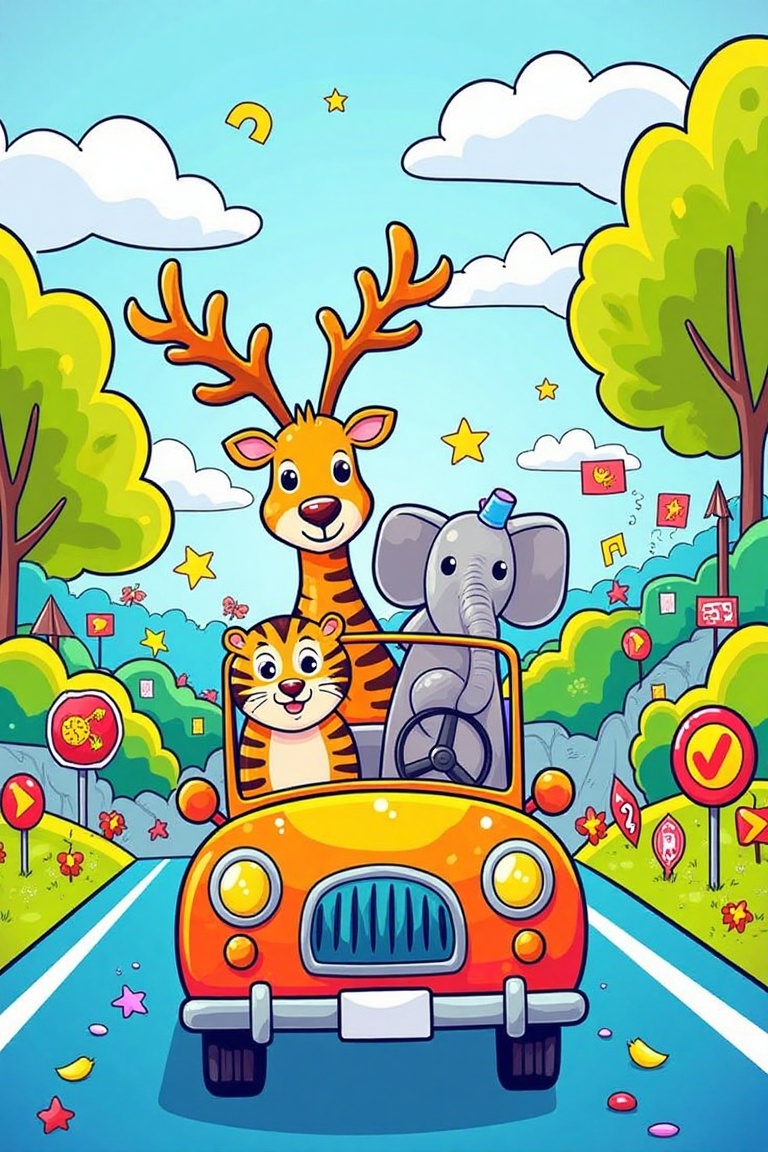 A vibrant childlike vector doodle scene featuring a rusa deer,  a harimau tiger,  and an elephant riding in a colorful car...