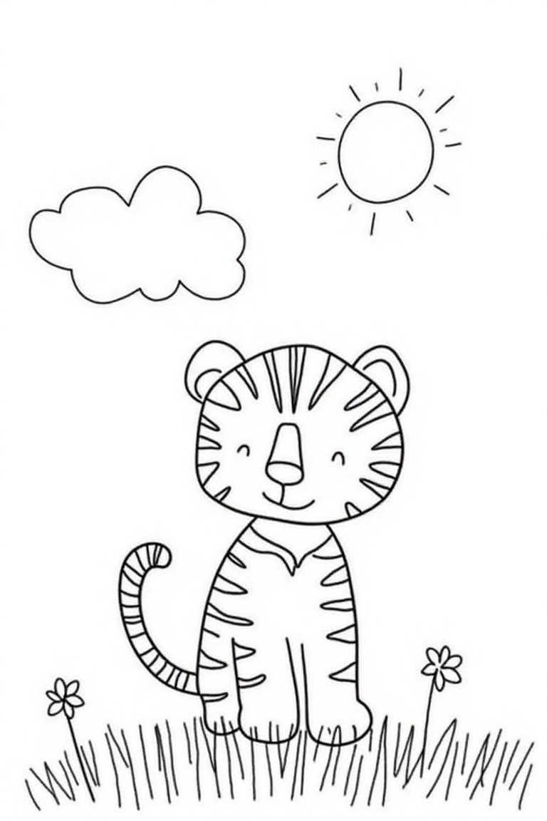 Childlike vector doodle,  image of a tiger on the grass,  under the sun and clouds on Tensor.Art