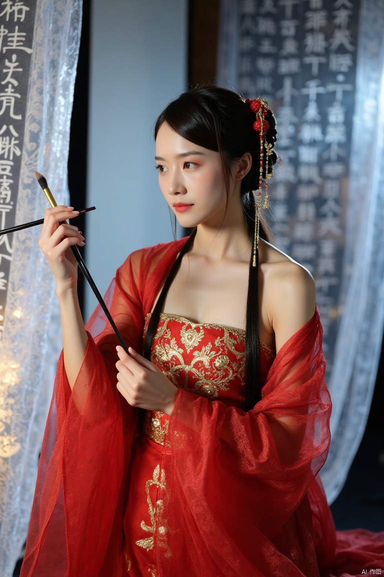 This is a high-resolution photograph capturing,realistic photos,Full body photo.
A woman dressed in Chinese Tang Dynasty clothing.
Her hair was combed into a delicate bun and adorned with red and gold hair accessories.
She was wearing a semi transparent red silk dress with golden patterns, revealing one shoulder.
She held a slender black brush in her hand, making a writing posture.
The background is a gauze curtain with calligraphy patterns, creating a hazy atmosphere.