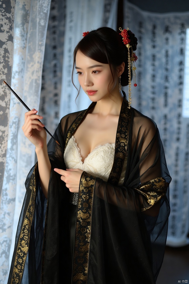 This is a high-resolution photograph capturing,realistic photos,Full body photo.
A woman dressed in Chinese Tang Dynasty clothing.
Her hair was combed into a delicate bun and adorned with red and gold hair accessories.
She was wearing a semi transparent black silk dress with golden patterns, slightly revealing the white lace bra she was wearing on her upper body and revealing one shoulder..
She held a slender black brush in her hand, making a writing posture.
The background is a gauze curtain with calligraphy patterns, creating a hazy atmosphere.