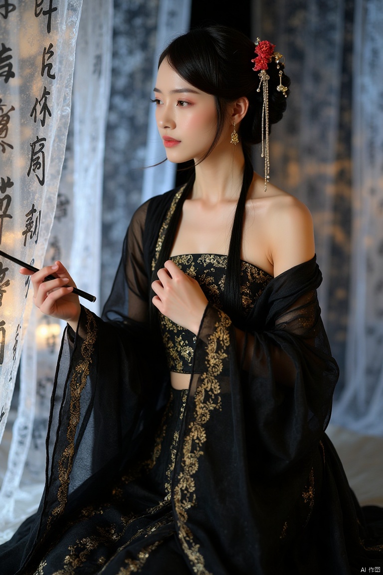 This is a high-resolution photograph capturing,realistic photos,Full body photo.
A woman dressed in Chinese Tang Dynasty clothing.
Her hair was combed into a delicate bun and adorned with red and gold hair accessories.
She was wearing a semi transparent black silk dress with golden patterns, revealing one shoulder.
She held a slender black brush in her hand, making a writing posture.
The background is a gauze curtain with calligraphy patterns, creating a hazy atmosphere.