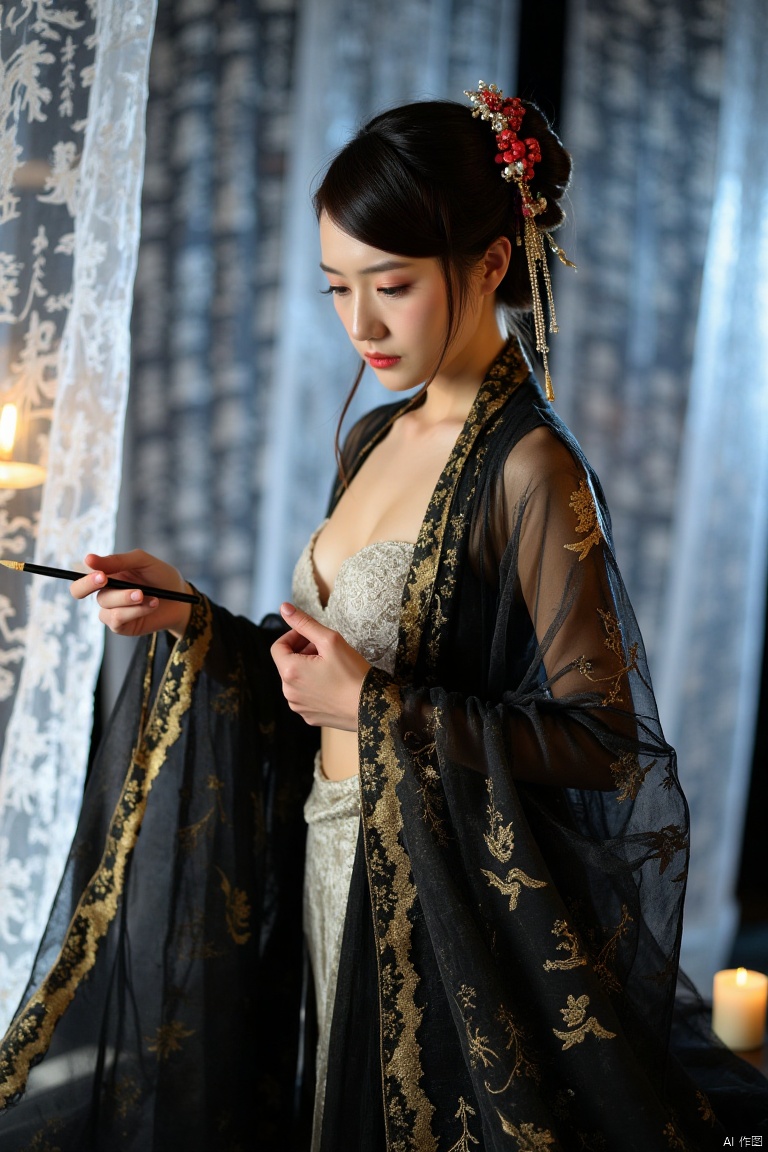 This is a high-resolution photograph capturing,realistic photos,Full body photo.
A woman dressed in Chinese Tang Dynasty clothing.
Her hair was combed into a delicate bun and adorned with red and gold hair accessories.
She was wearing a semi transparent black silk dress with golden patterns, slightly revealing the white lace bra she was wearing underneath and revealing one shoulder.
She held a slender black brush in her hand, making a writing posture.
The background is a gauze curtain with calligraphy patterns, creating a hazy atmosphere.