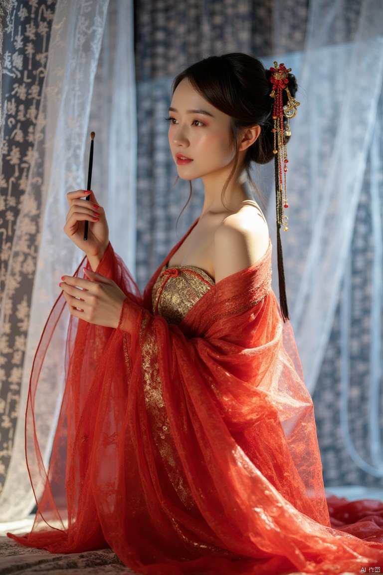 This is a high-resolution photograph capturing,realistic photos,Full body photo.
A woman dressed in Chinese Tang Dynasty clothing.
Her hair was combed into a delicate bun and adorned with red and gold hair accessories.
She was wearing a semi transparent red silk dress with golden patterns, revealing one shoulder.
She held a slender black brush in her hand, making a writing posture.
The background is a gauze curtain with calligraphy patterns, creating a hazy atmosphere.