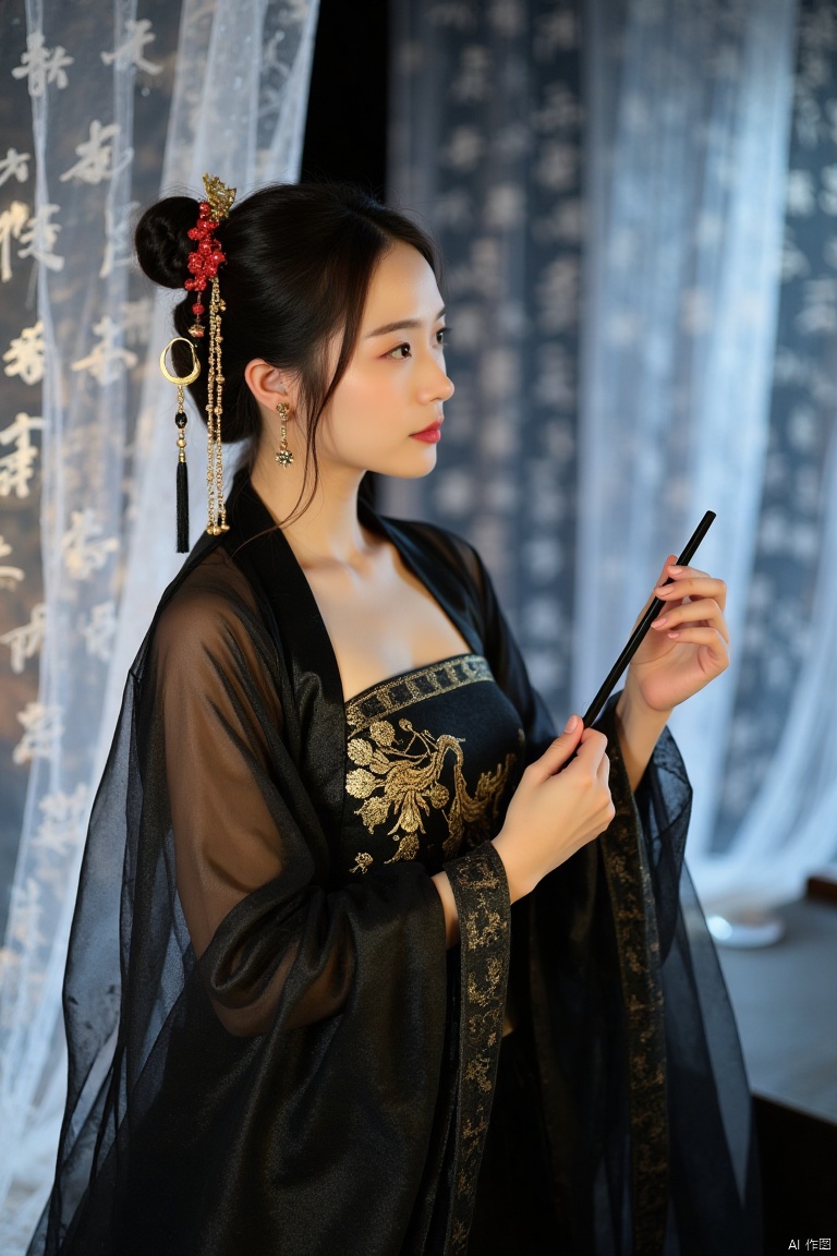 This is a high-resolution photograph capturing,realistic photos,Full body photo.
A woman dressed in Chinese Tang Dynasty clothing.
Her hair was combed into a delicate bun and adorned with red and gold hair accessories.
She was wearing a semi transparent black silk dress with golden patterns, revealing one shoulder.
She held a slender black brush in her hand, making a writing posture.
The background is a gauze curtain with calligraphy patterns, creating a hazy atmosphere.