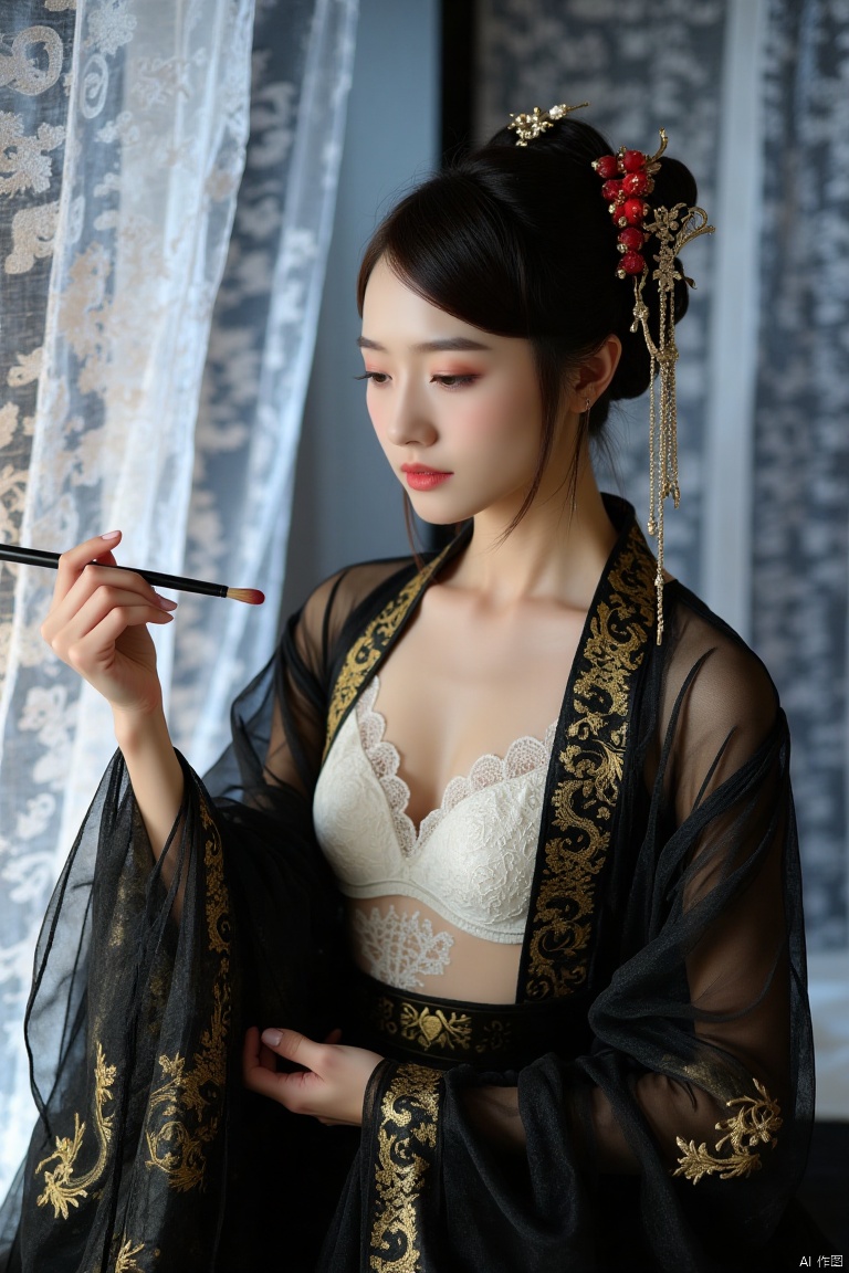This is a high-resolution photograph capturing,realistic photos,Full body photo.
A woman dressed in Chinese Tang Dynasty clothing.
Her hair was combed into a delicate bun and adorned with red and gold hair accessories.
She was wearing a semi transparent black silk dress with golden patterns, slightly revealing the white lace bra she was wearing underneath and revealing one shoulder.
She held a slender black brush in her hand, making a writing posture.
The background is a gauze curtain with calligraphy patterns, creating a hazy atmosphere.