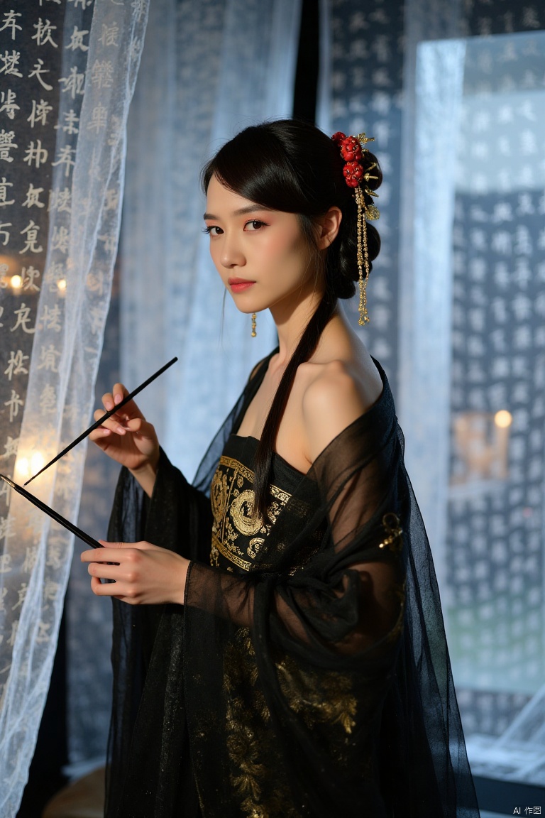 This is a high-resolution photograph capturing,realistic photos,Full body photo.
A woman dressed in Chinese Tang Dynasty clothing.
Her hair was combed into a delicate bun and adorned with red and gold hair accessories.
She was wearing a semi transparent black silk dress with golden patterns, revealing one shoulder.
She held a slender black brush in her hand, making a writing posture.
The background is a gauze curtain with calligraphy patterns, creating a hazy atmosphere.