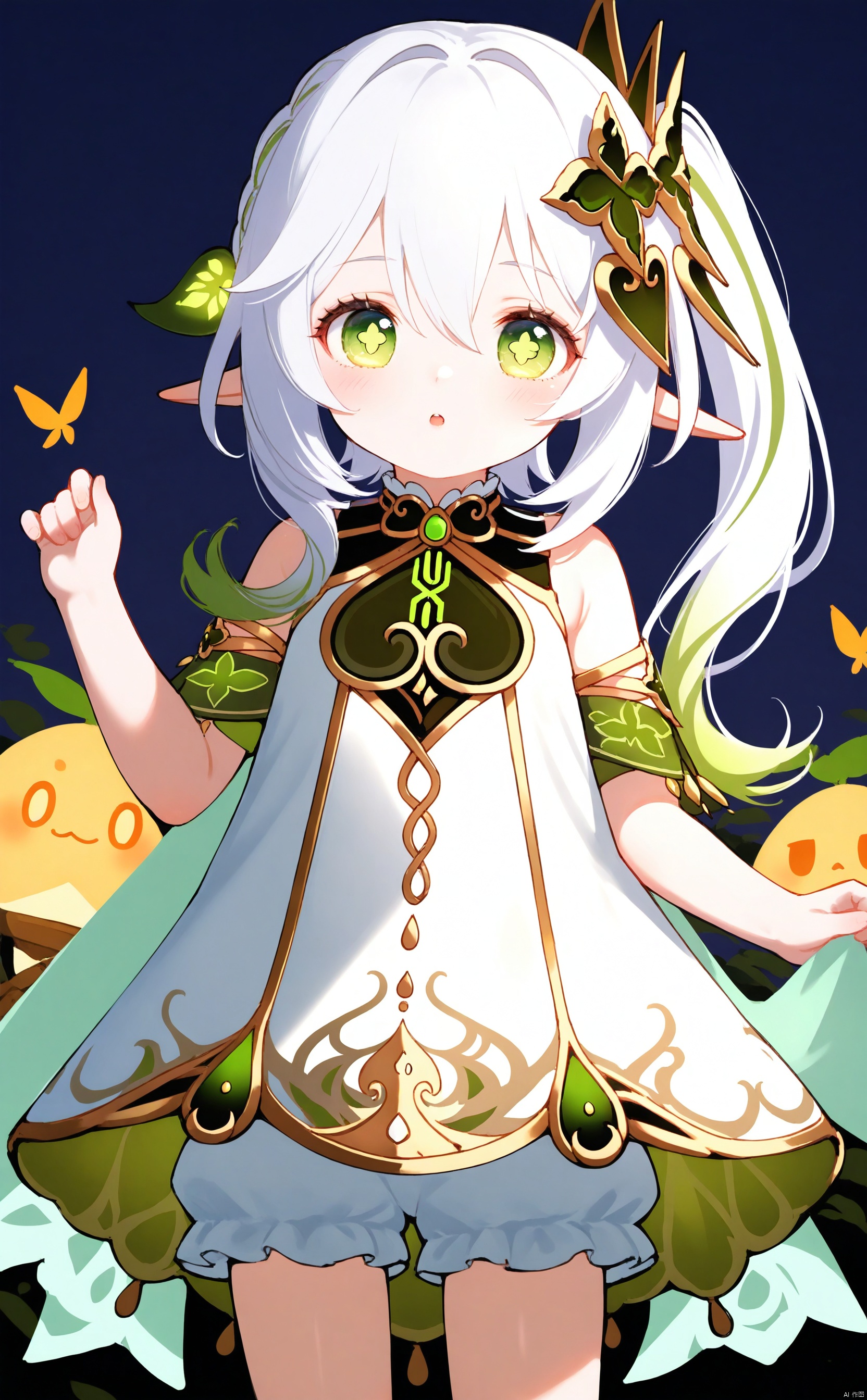 masterpiece,best quality,illustration,[Artist miwano rag],[Artist toosaka asagi],[Artist wlop],[Artist chen bin], 1girl, solo, long hair,loli,loli,loli, (little_girl:1.2),petite:1.1,half body, elf girl,pointy_ears, small breast, green eyes, symbol-shaped pupils, cross-shaped pupils, white hair, green hair, bangs, hair ornament, gradient hair, side tonytail, nahida \(genshin impact\) , chen_bin,sugerjio