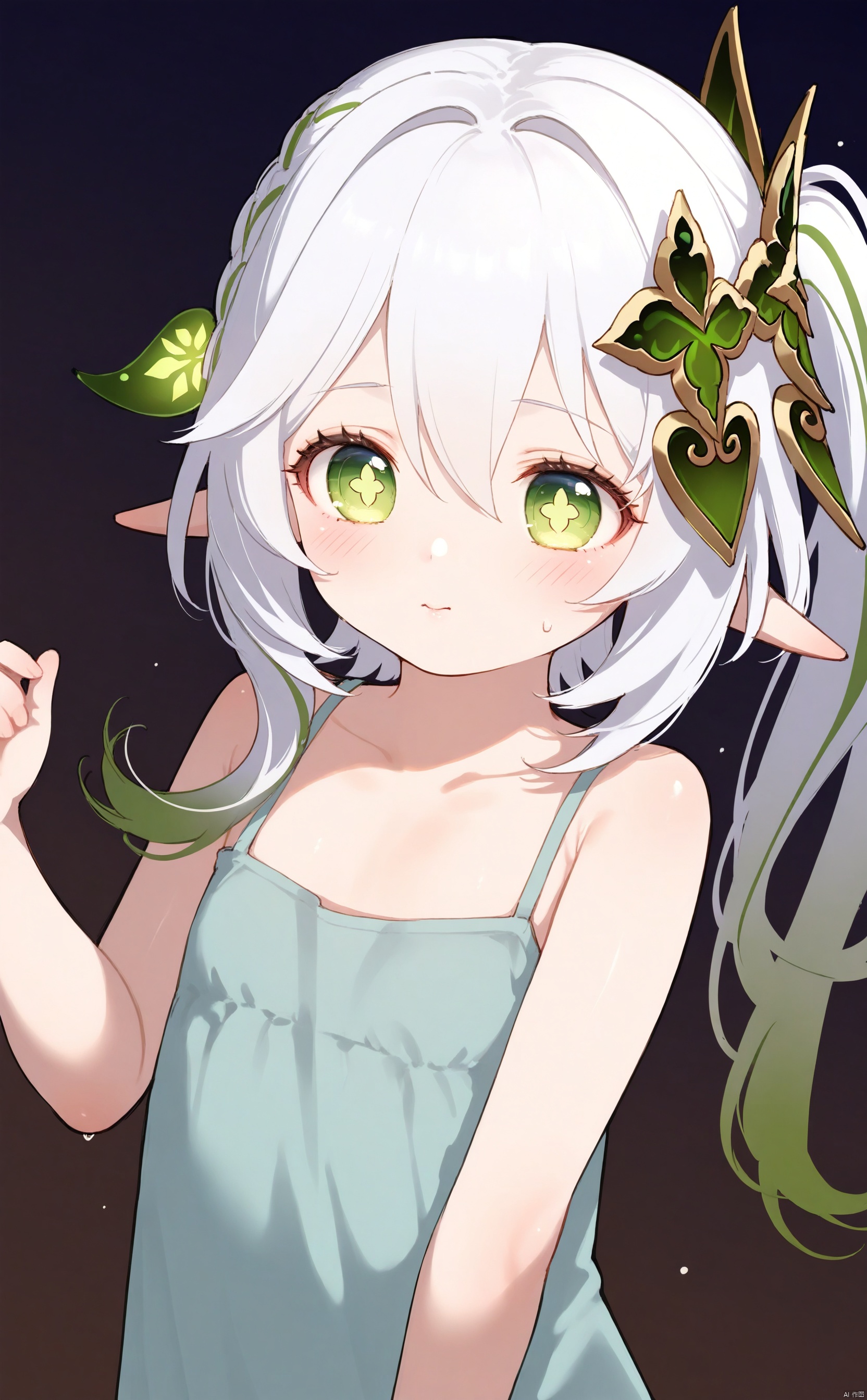 masterpiece,best quality,illustration,[Artist miwano rag],[Artist toosaka asagi],[Artist wlop],[Artist chen bin], 1girl, solo, long hair,loli,loli,loli, (little_girl:1.2),petite:1.1,half body, elf girl,pointy_ears, small breast, green eyes, symbol-shaped pupils, cross-shaped pupils, white hair, green hair, bangs, hair ornament, gradient hair, side tonytail, nahida \(genshin impact\) , chen_bin,sugerjio