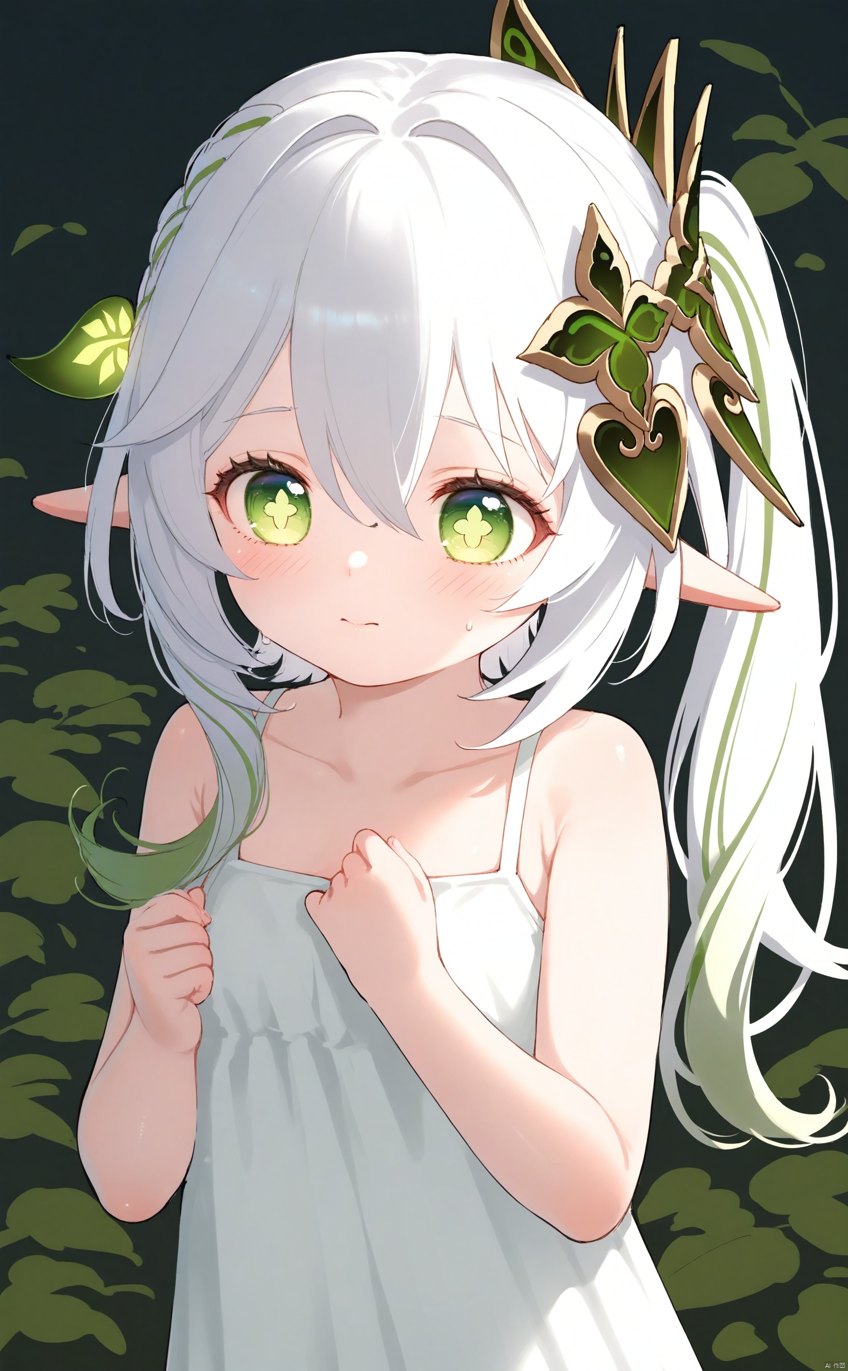 masterpiece,best quality,illustration,[Artist miwano rag],[Artist toosaka asagi],[Artist wlop],[Artist chen bin], 1girl, solo, long hair,loli,loli,loli, (little_girl:1.2),petite:1.1,half body, elf girl,pointy_ears, small breast, green eyes, symbol-shaped pupils, cross-shaped pupils, white hair, green hair, bangs, hair ornament, gradient hair, side tonytail, nahida \(genshin impact\) , chen_bin,sugerjio