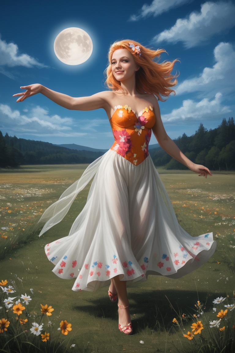 a painting of a girl walking in a field under a full moon,  in the style of graceful movement,  orange and azure on Tensor...