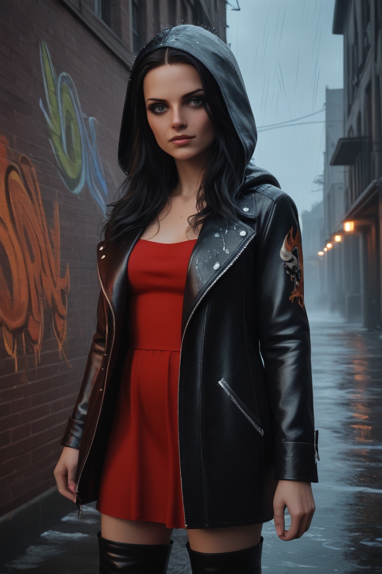 A captivating,  fantasy portrait of a confident woman standing tall in the rain,  exuding an enigmatic aura. She dons a bl...