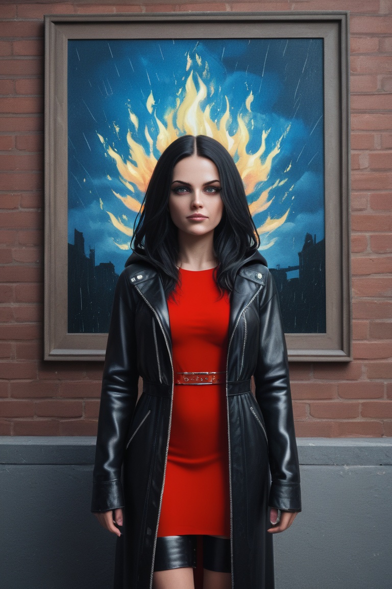 A captivating,  fantasy portrait of a confident woman standing tall in the rain,  exuding an enigmatic aura. She dons a bl...