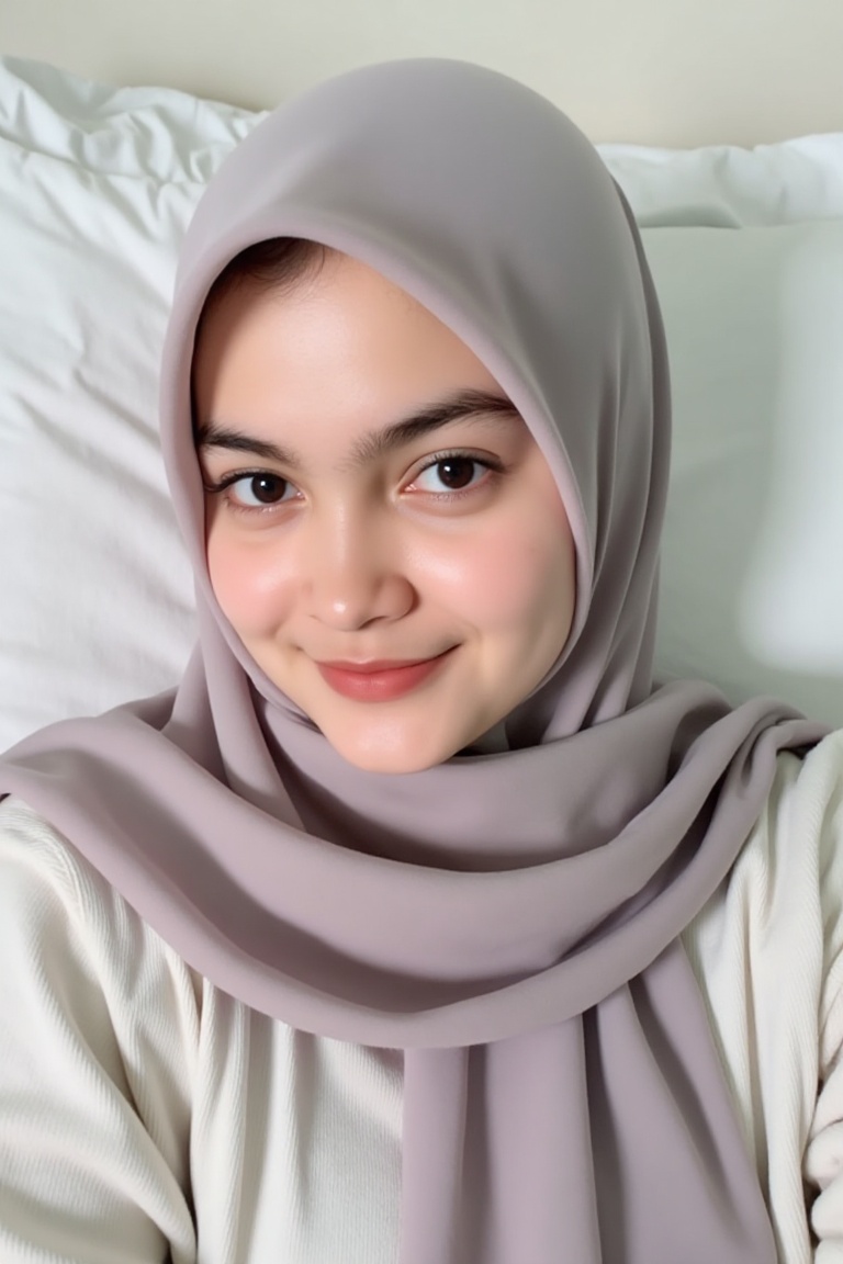 A beautiful girl lying in bed,  white,  hijab on Tensor.Art
