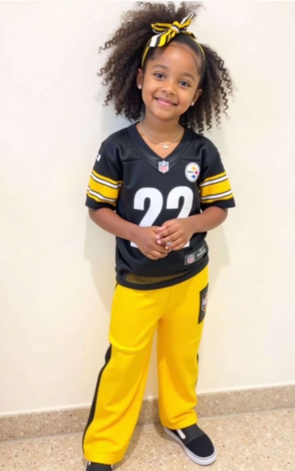 A high-resolution photograph of a 6 year old black girl,  standing indoors against a plain,  light-colored wall. She has a...