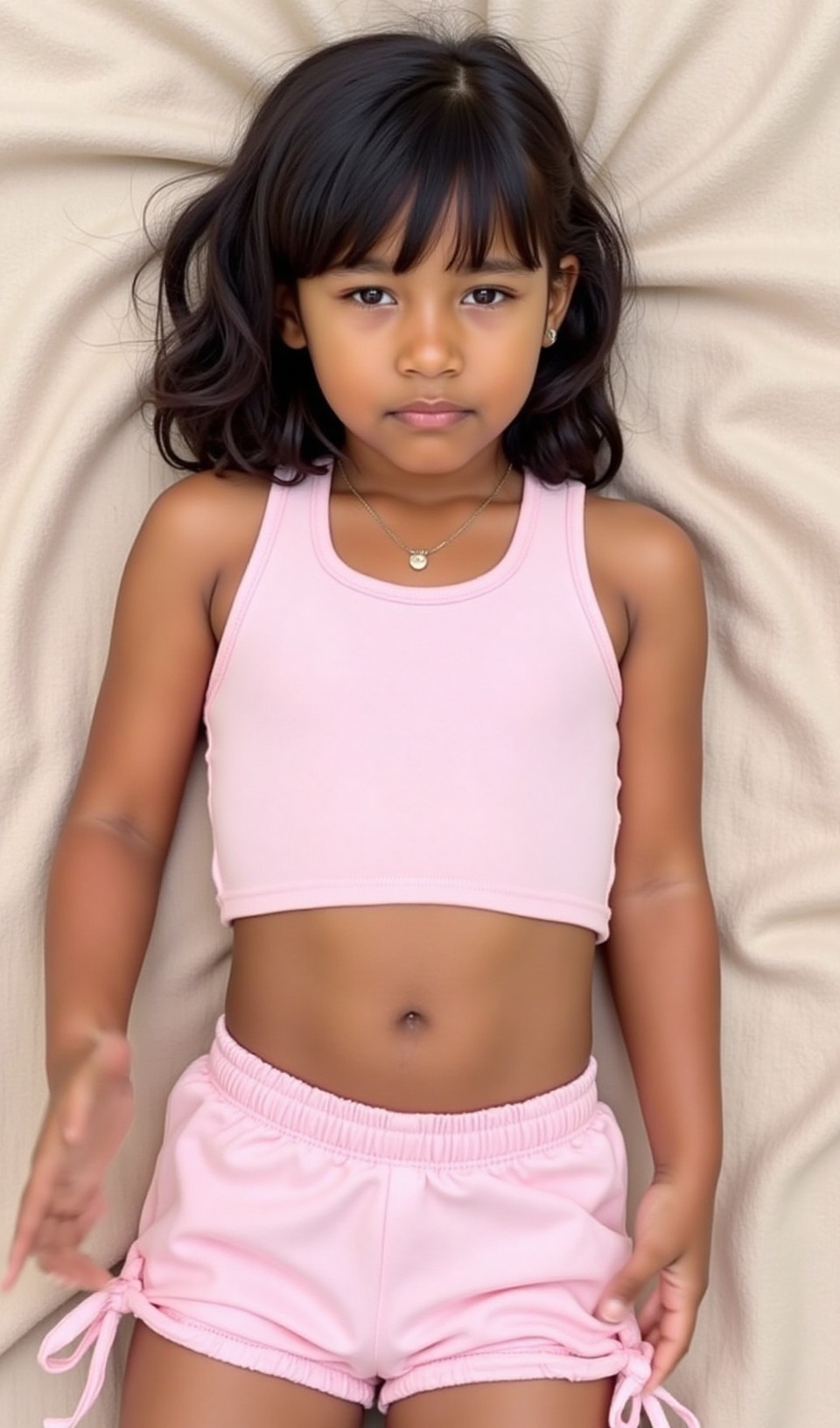 This vibrant photograph features a 10 year old black girl lying on her back on a beige,  crinkled towel outdoors. She has...