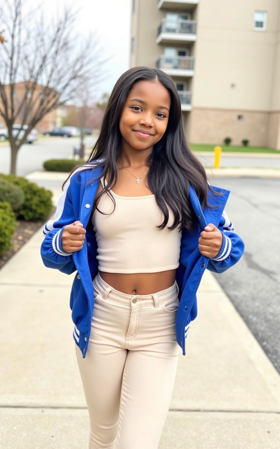 A 12 year old black girl standing outdoors on a concrete sidewalk. She has long,  black hair that falls past her shoulders...