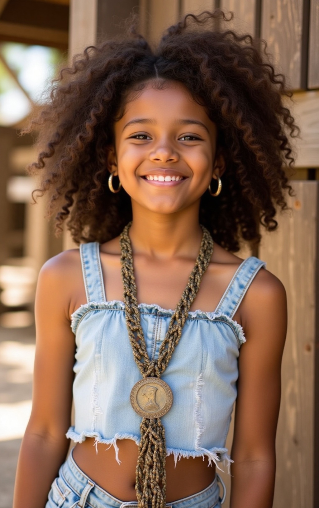 A 13 year old black girl with a medium brown skin tone and a voluminous,  curly afro hairstyle. She is smiling warmly,  di...
