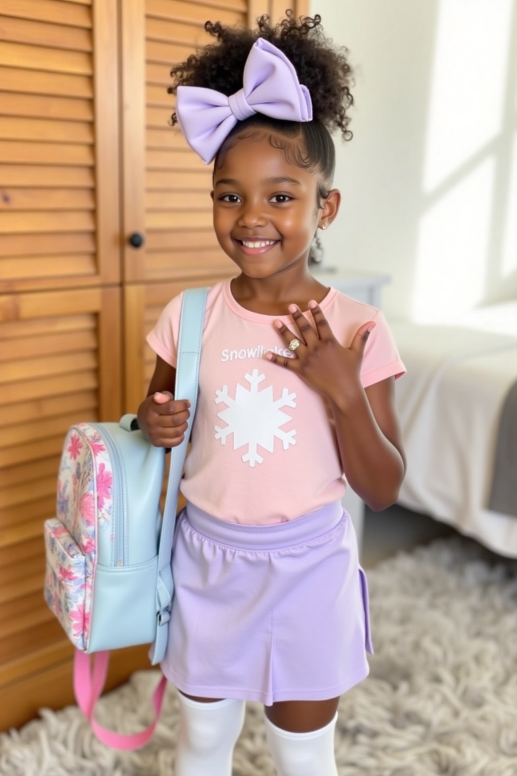 A 7 year old black girl standing indoors,  likely in a bedroom. The girl has dark skin and curly black hair styled in a hi...