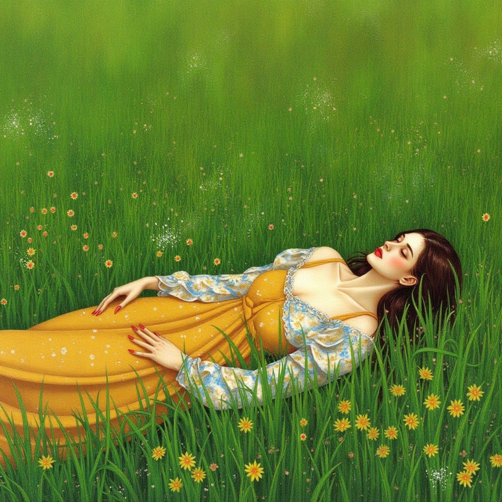 a woman in the grass,  lie on grass,  high angle on Tensor.Art