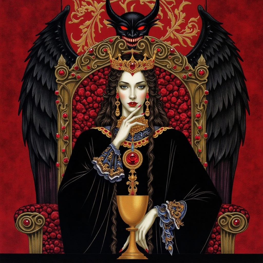 a woman sit on throne,  red ruby gems carving on the throne,  straight view on Tensor.Art