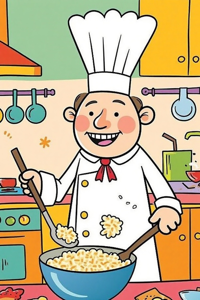 A playful childlike vector doodle of a chef in a vibrant kitchen,  expertly cooking a bowl of rice. The chef has exaggerat...