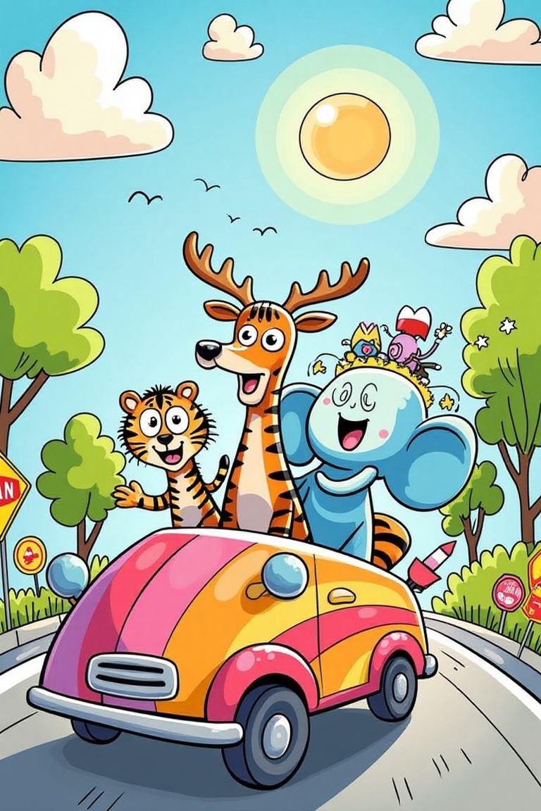 A vibrant childlike vector doodle scene of a rusa deer,  a harimau tiger,  and an elephant riding in a colorful car on a b...