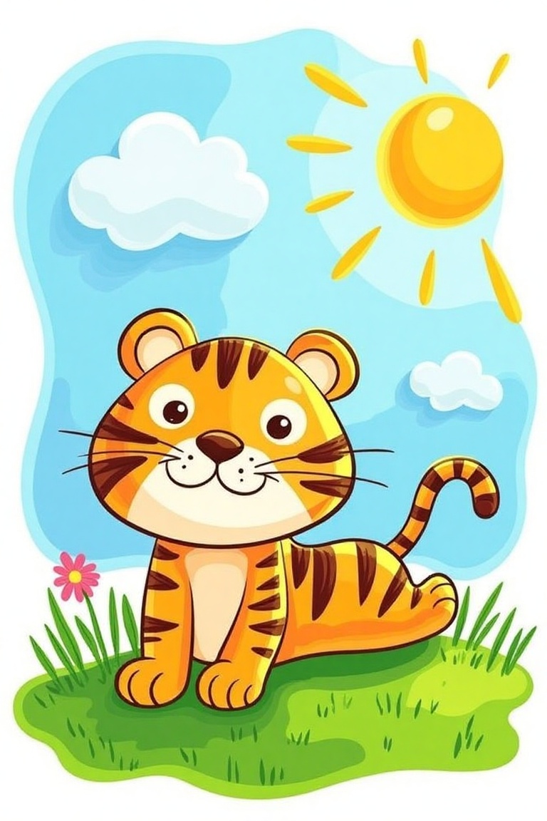 A vibrant childlike vector doodle of a tiger lounging on lush green grass,  under a bright sun and fluffy clouds. The tige...