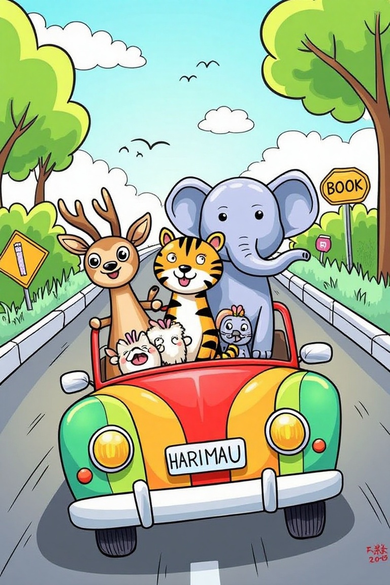 A vibrant childlike vector doodle scene of a rusa deer,  a harimau tiger,  and an elephant riding in a colorful car on a b...