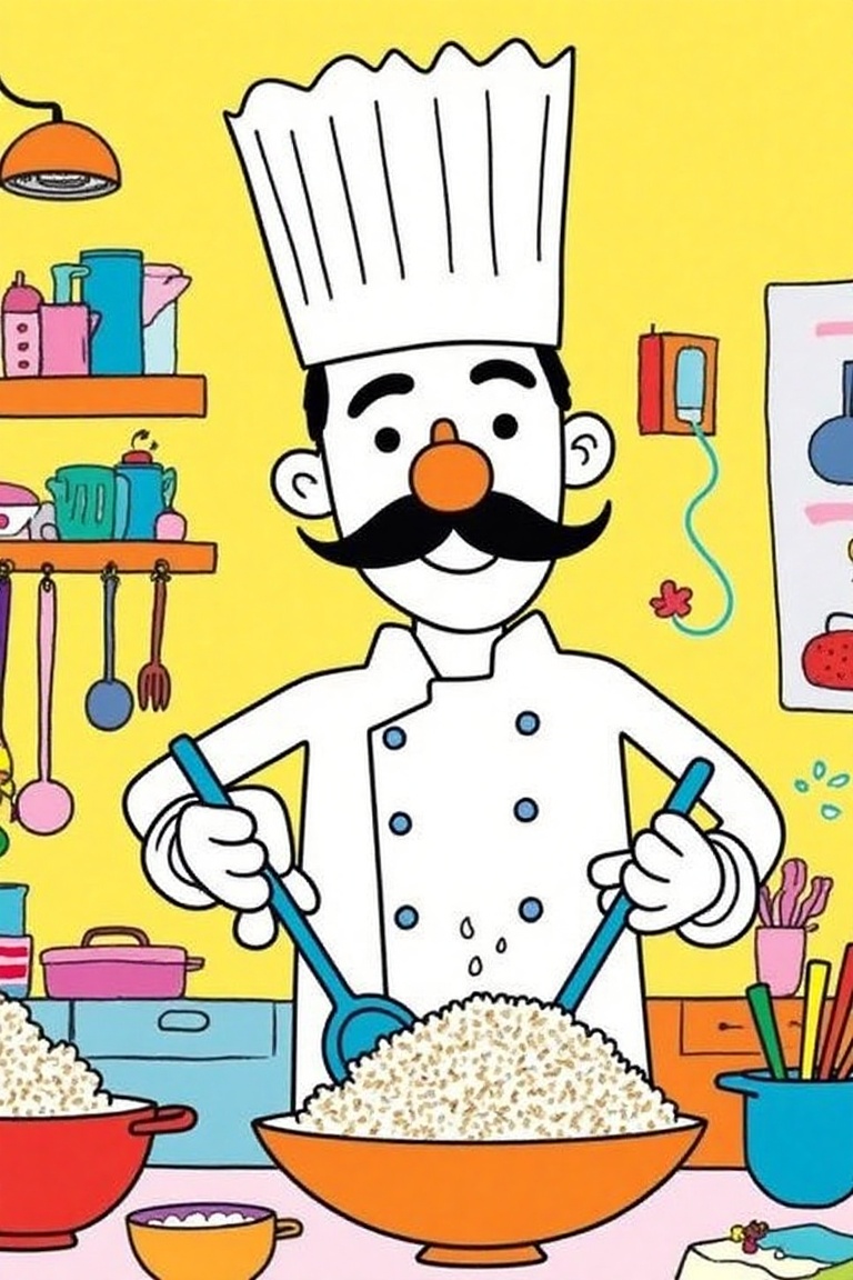 A playful childlike vector doodle of a chef in a vibrant kitchen,  expertly cooking a bowl of rice. The chef has exaggerat...