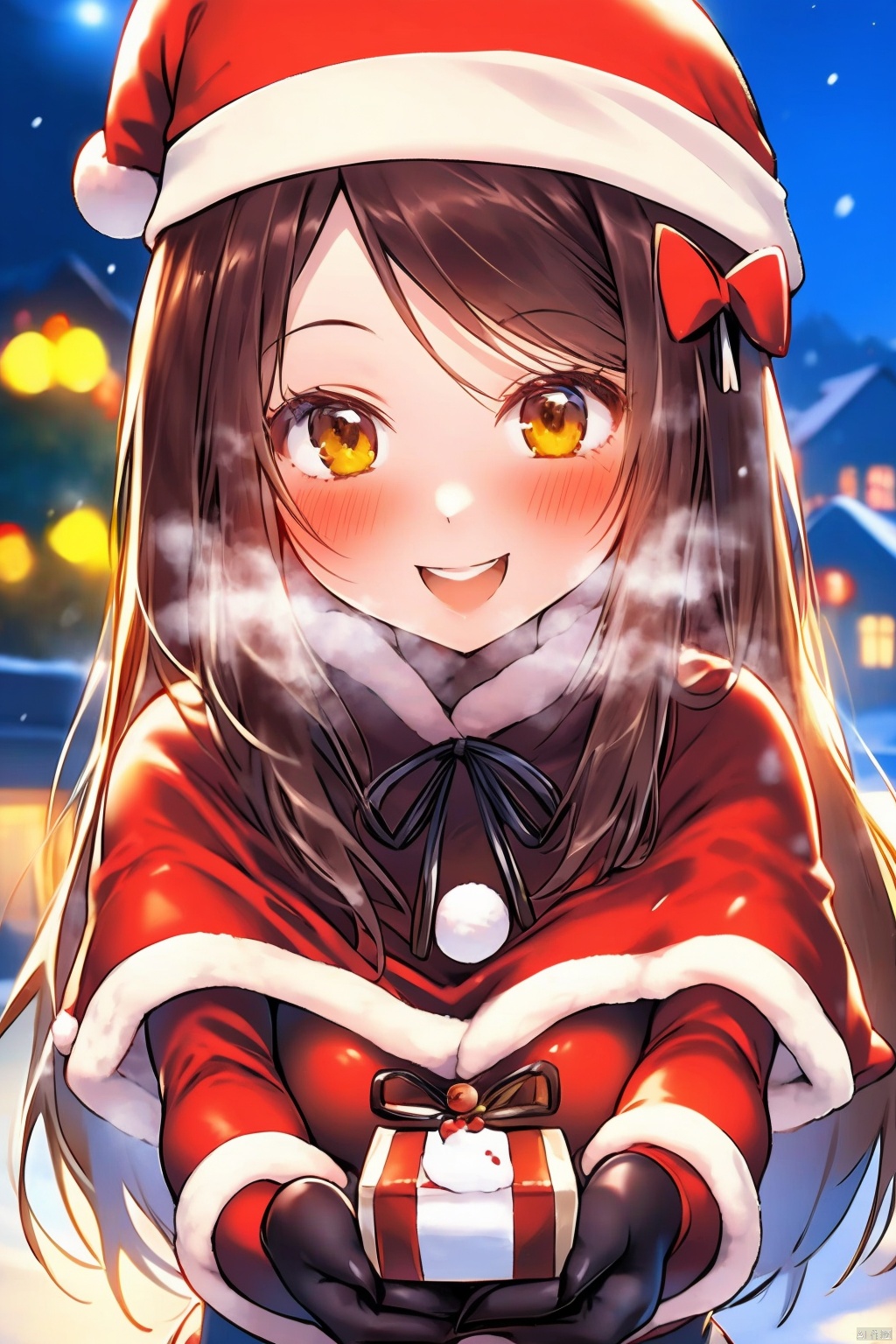 1girl
solo
long hair
looking at viewer
blush
smile
open mouth
brown hair
gloves
hat
bow
ribbon
brown eyes
:d
capelet
christmas
breath
snow
santa hat
santa costume
snowing
mittens
snowman