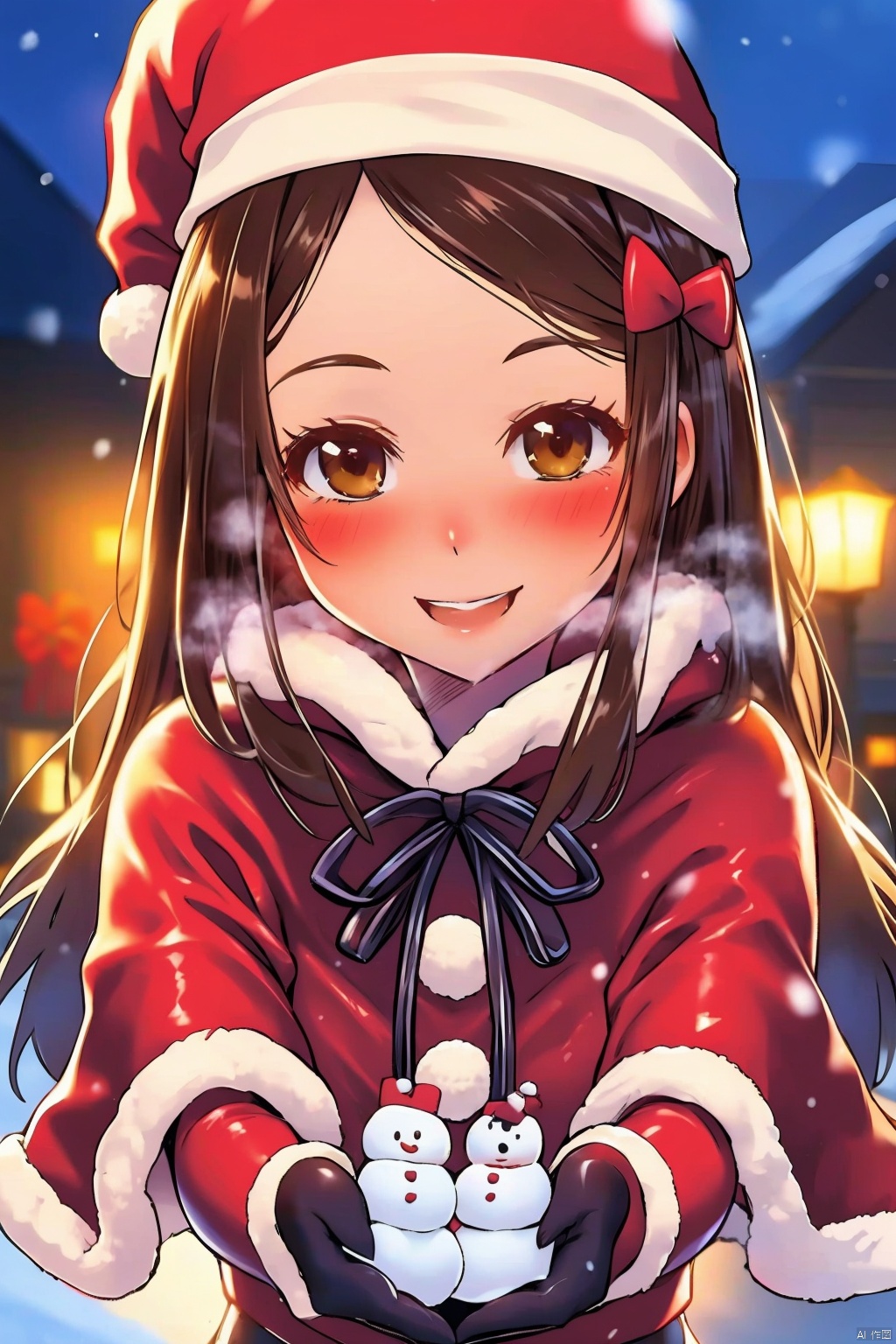 1girl
solo
long hair
looking at viewer
blush
smile
open mouth
brown hair
gloves
hat
bow
ribbon
brown eyes
:d
capelet
christmas
breath
snow
santa hat
santa costume
snowing
mittens
snowman