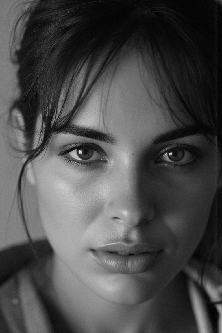 portrait,  inspired by Peter Lindbergh's photographic style,  of a woman looking directly into the camera with an intimate...