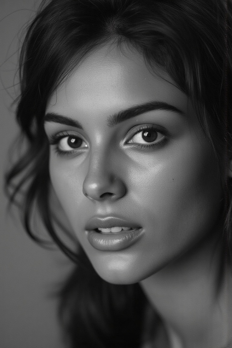 portrait,  inspired by Peter Lindbergh's photographic style,  of a woman looking directly into the camera with an intimate...