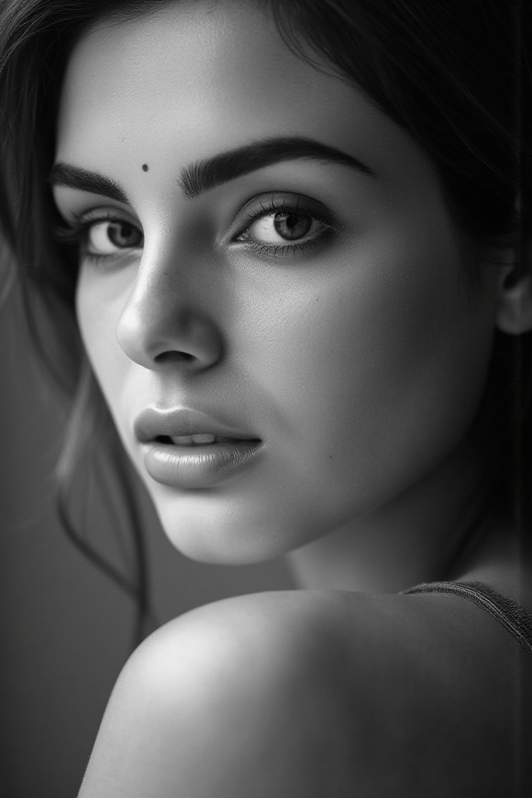 portrait,  inspired by Peter Lindbergh's photographic style,  of a woman looking directly into the camera with an intimate...