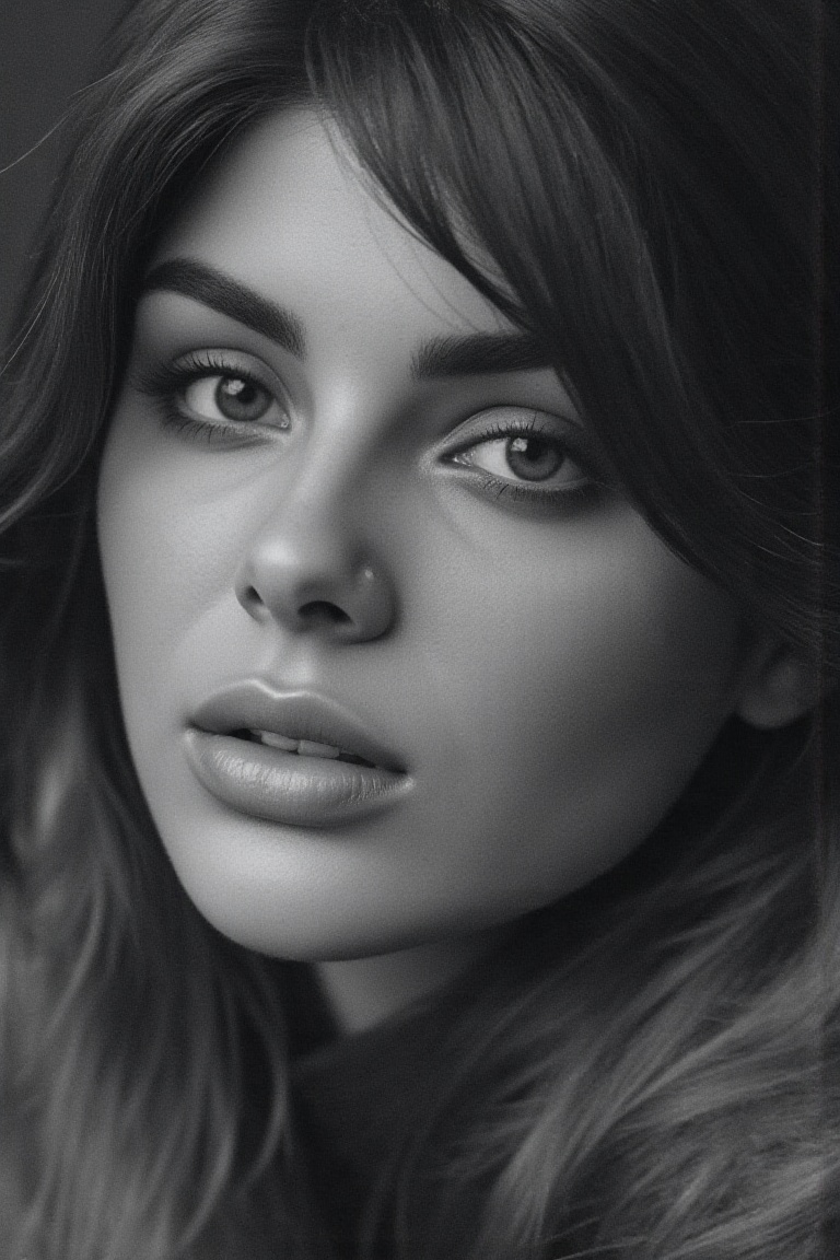 portrait,  inspired by Peter Lindbergh's photographic style,  of a woman looking directly into the camera with an intimate...