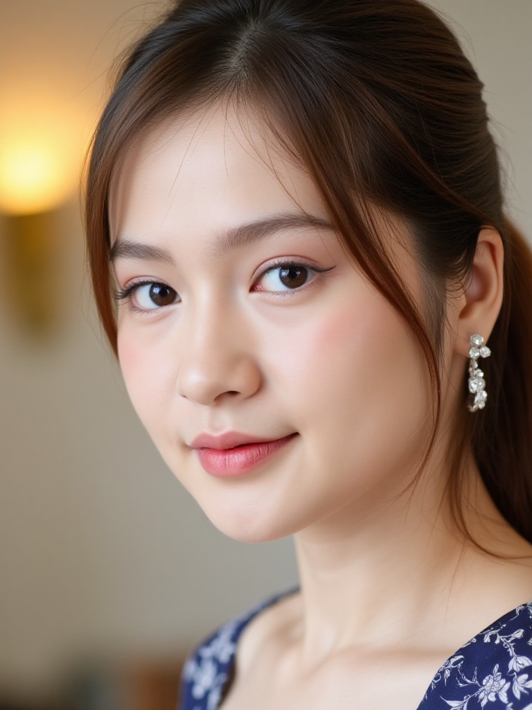 A close-up shot of a young Asian woman with brown hair and blue eyes. She is wearing a pair of silver earrings with white...