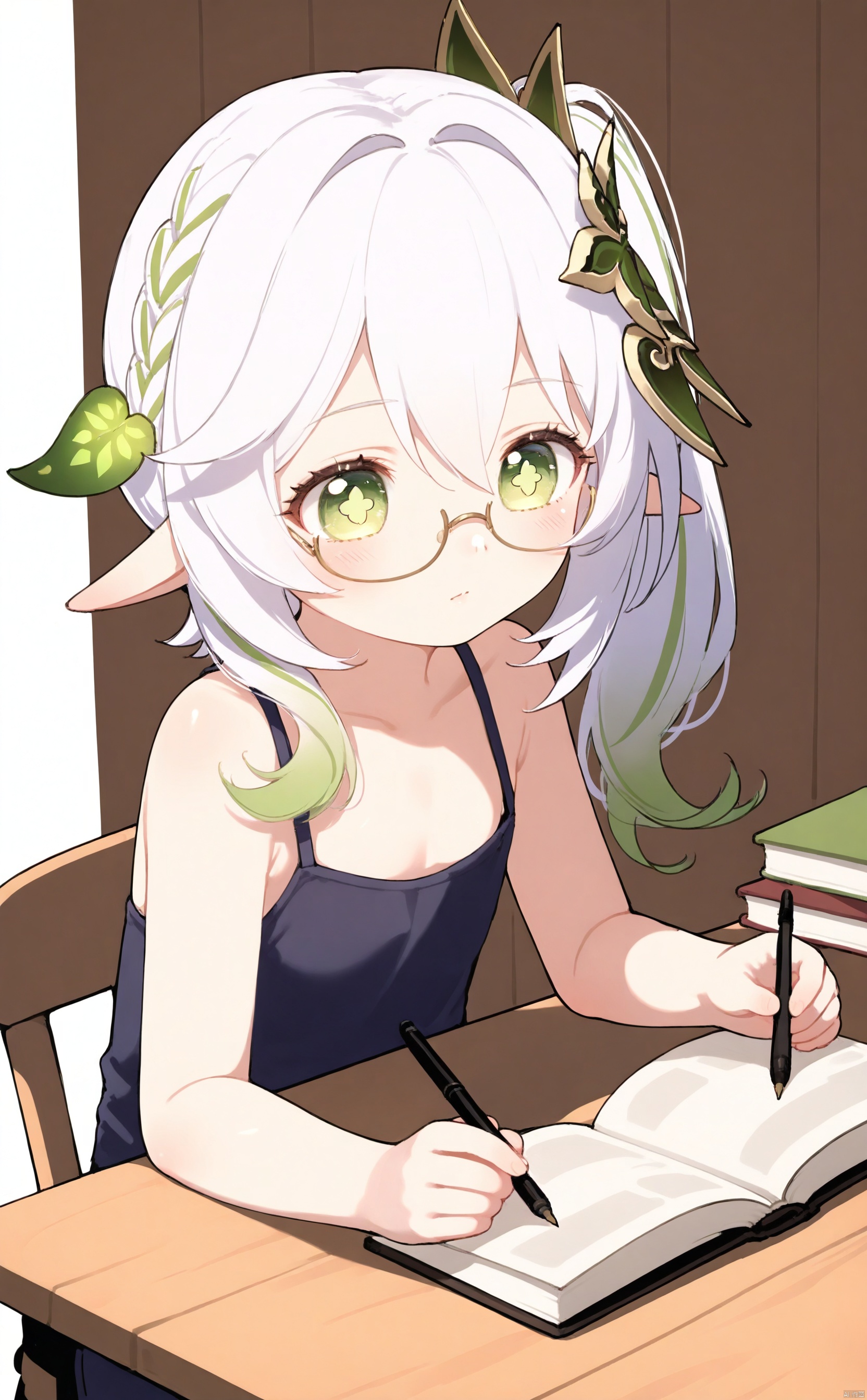 masterpiece,best quality,illustration,[Artist miwano rag],[Artist toosaka asagi],[Artist wlop],[Artist chen bin], 1girl, solo, long hair,loli,loli,loli, (little_girl:1.2),petite:1.1,elf girl,pointy_ears, small breast, green eyes, symbol-shaped pupils, cross-shaped pupils, white hair, green hair, bangs, hair ornament, gradient hair, side tonytail, nahida \(genshin impact\) ,sugerjio,sitting,indoor,wood wall, glasses, table, sitting beside table, book on table, reading, light on table, holding,holding glasses,