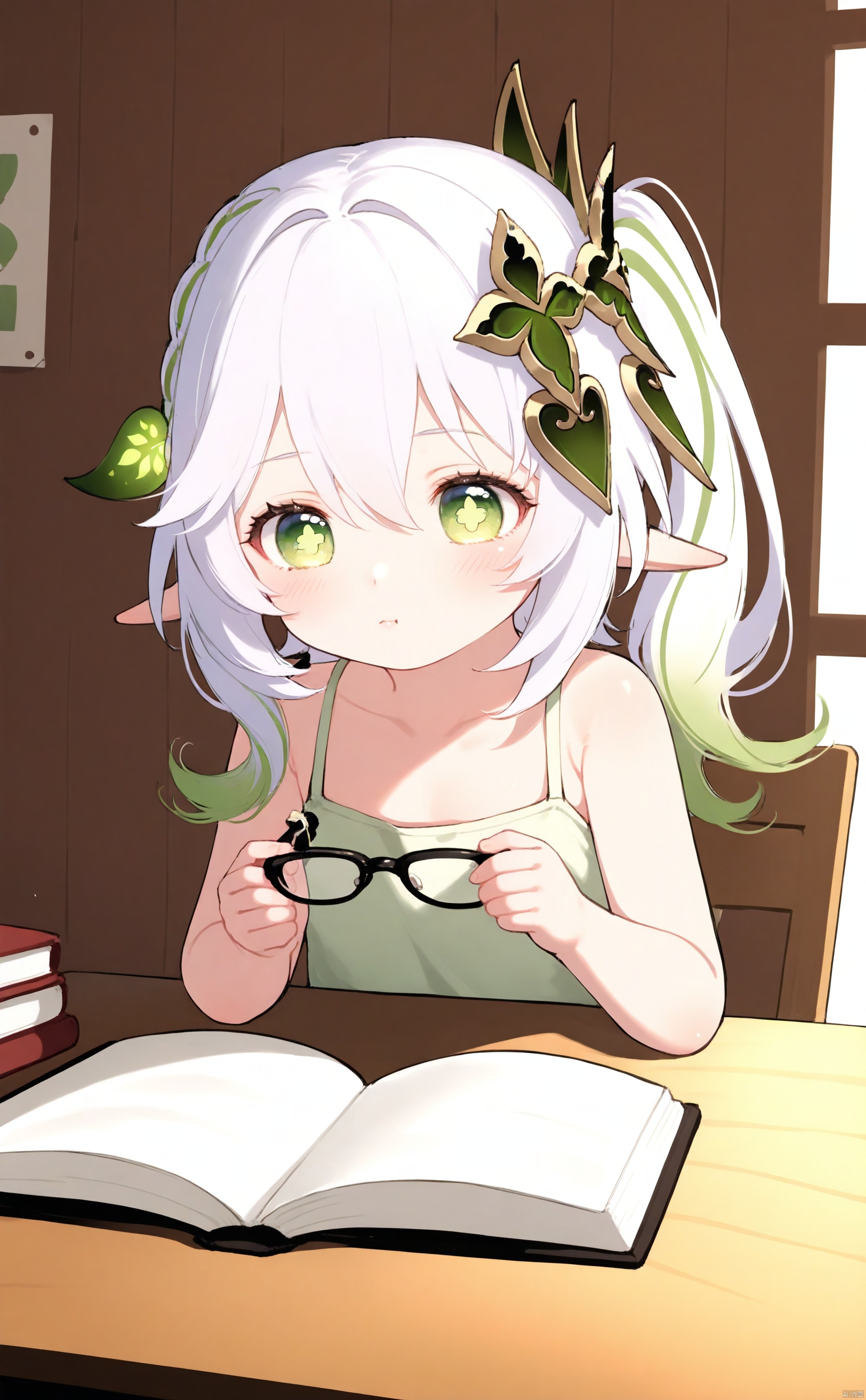 masterpiece,best quality,illustration,[Artist miwano rag],[Artist toosaka asagi],[Artist wlop],[Artist chen bin], 1girl, solo, long hair,loli,loli,loli, (little_girl:1.2),petite:1.1,elf girl,pointy_ears, small breast, green eyes, symbol-shaped pupils, cross-shaped pupils, white hair, green hair, bangs, hair ornament, gradient hair, side tonytail, nahida \(genshin impact\) ,sugerjio,sitting,indoor,wood wall, glasses, table, sitting beside table, book on table, reading, light on table, holding,holding glasses,