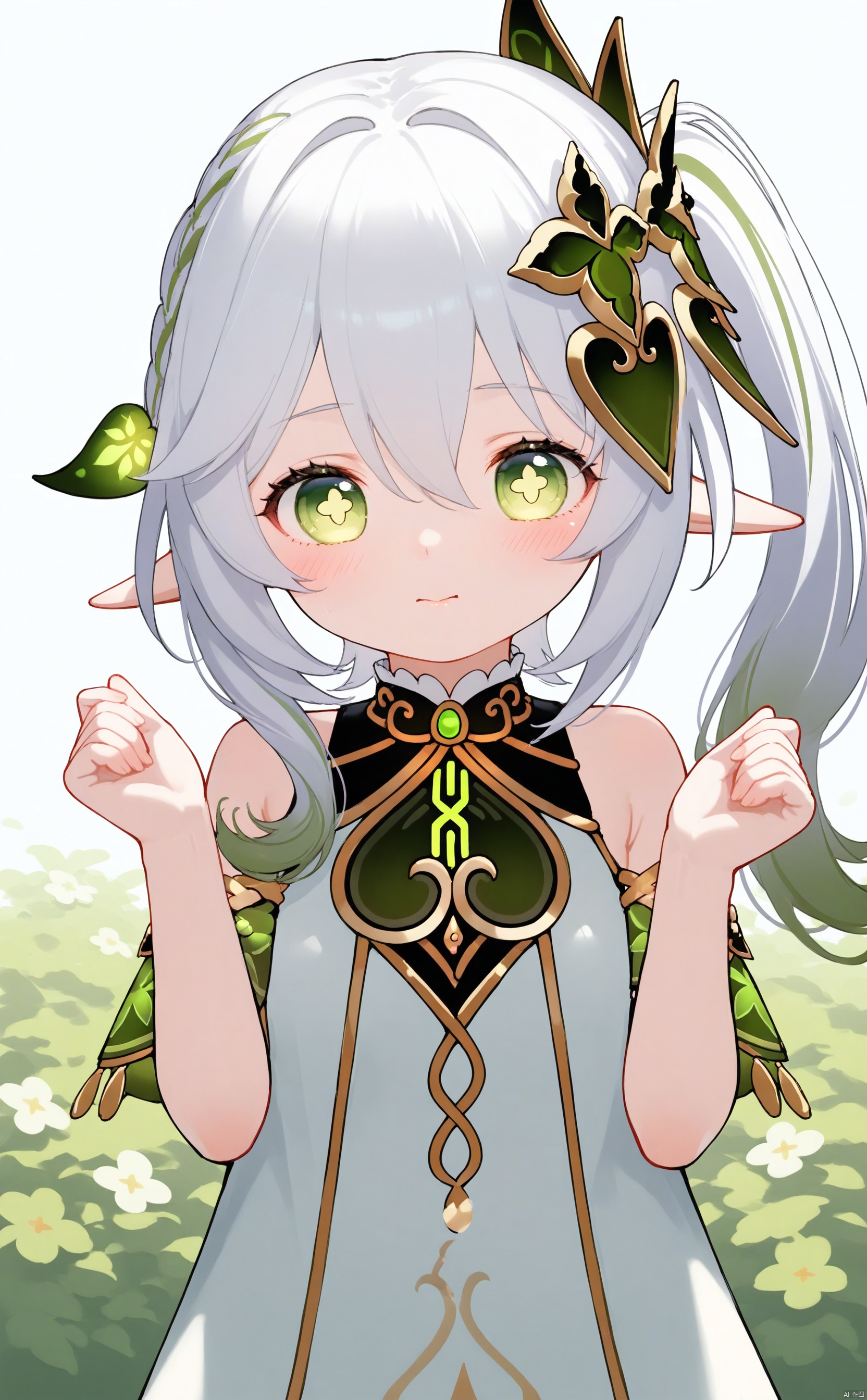 masterpiece,best quality,illustration,[Artist miwano rag],[Artist toosaka asagi],[Artist wlop],[Artist chen bin], 1girl, solo, long hair,loli,loli,loli, (little_girl:1.2),petite:1.1,half body, elf girl,pointy_ears, small breast, green eyes, symbol-shaped pupils, cross-shaped pupils, white hair, green hair, bangs, hair ornament, gradient hair, side tonytail, nahida \(genshin impact\) , chen_bin,sugerjio