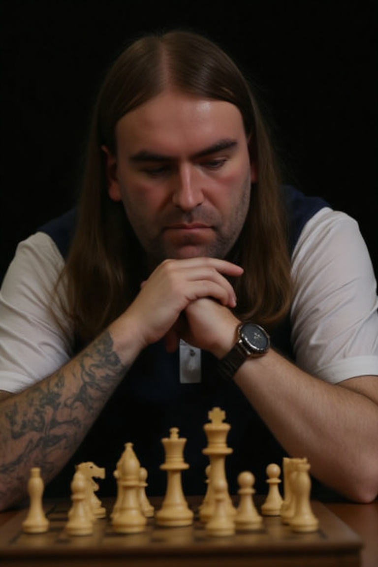 A high-resolution photograph of Ryan Searle,  sitting behind a chess board,  chin resting on his hands on Tensor.Art