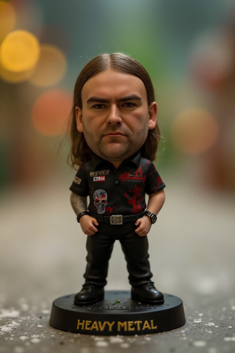 This is a high-resolution photograph of a detailed,  miniature bobblehead action figure of Ryan Searle,  standing on a rou...