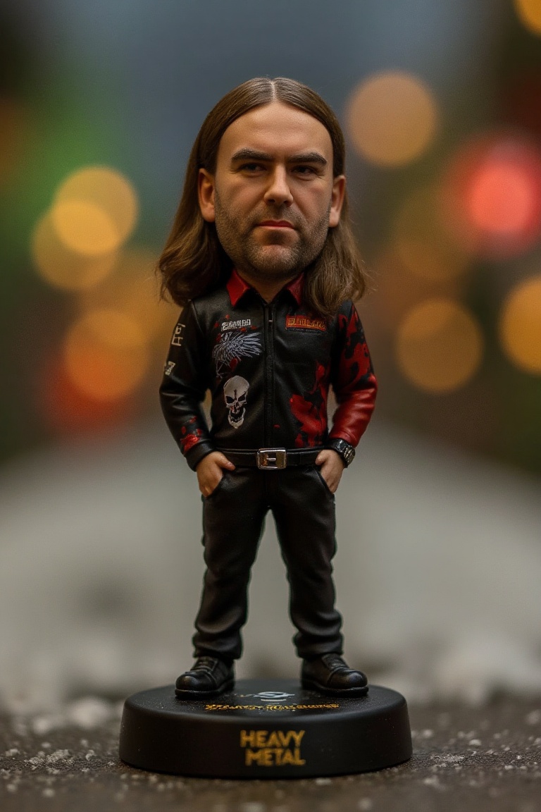 This is a high-resolution photograph of a detailed,  miniature bobblehead action figure of Ryan Searle,  standing on a rou...