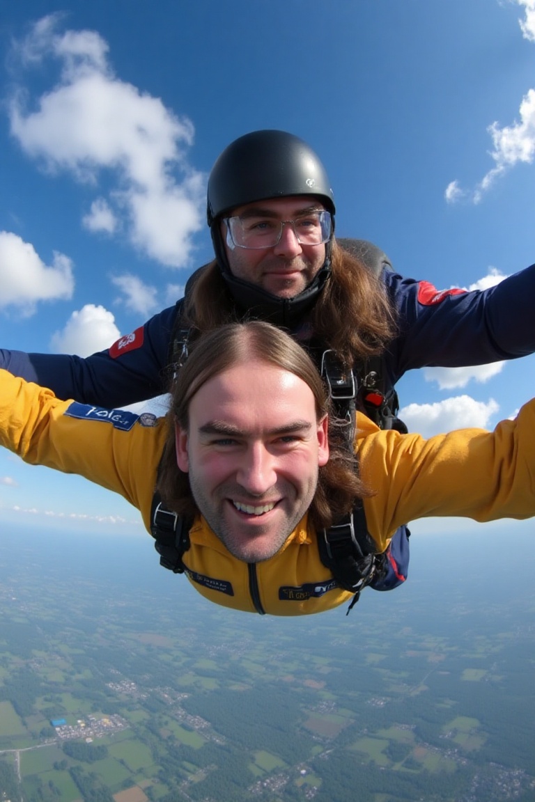 A high-resolution photograph of Ryan Searle,  skydiving,  a POV shot in freefall on Tensor.Art