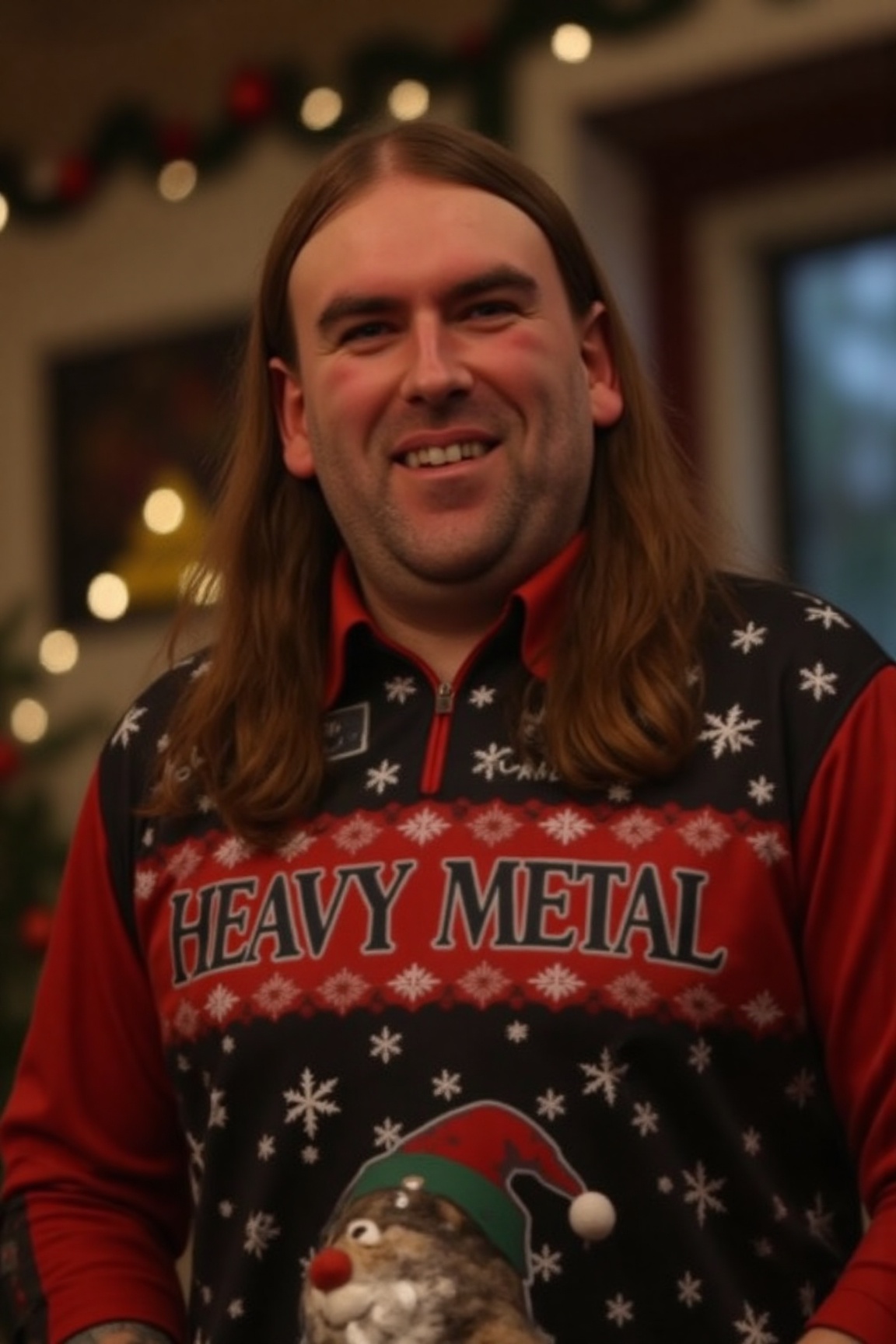 The image is a high-resolution photograph of Ryan Searle,  smiling and wearing a Christmas themed sweater with the words "...