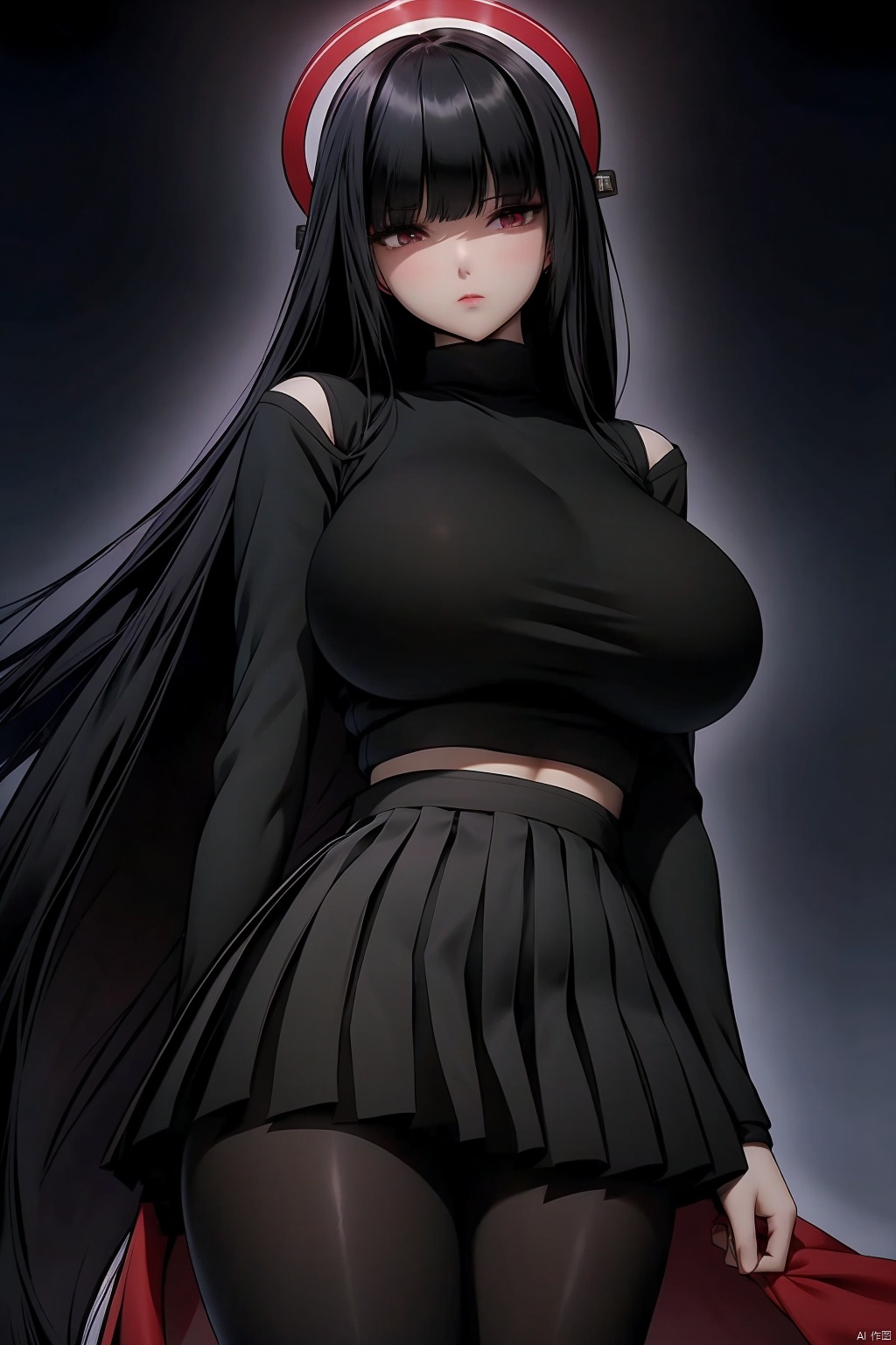 1girl solo long hair breasts looking at viewer blush bangs skirt large breasts black hair red eyes long sleeves holding very long hair standing jacket pantyhose pleated skirt miniskirt blunt bangs black skirt huge breasts black jacket hand on hip black pantyhose turtleneck halo turtleneck sweater chinese text