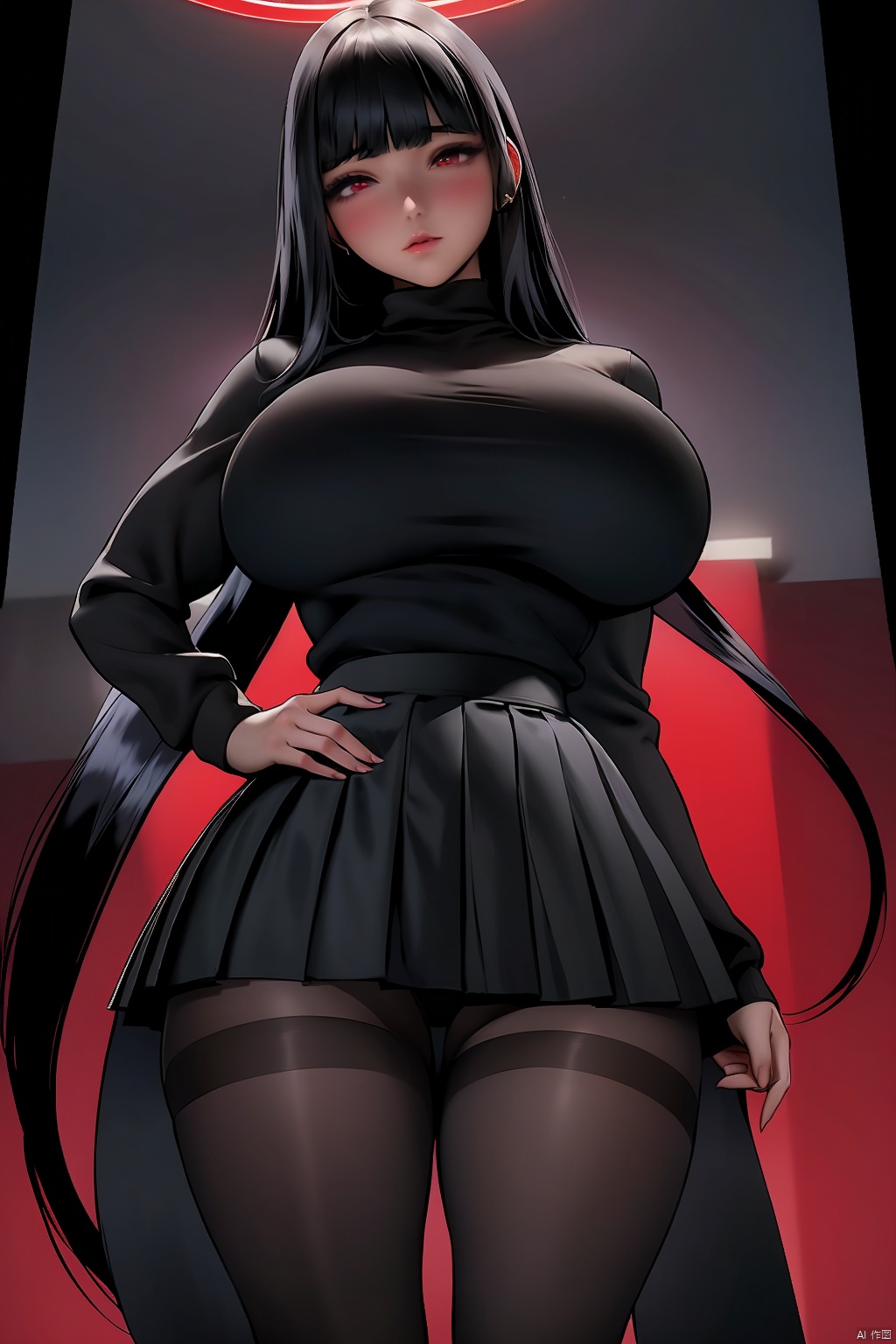 1girl solo long hair breasts looking at viewer blush bangs skirt large breasts black hair red eyes long sleeves holding very long hair standing jacket pantyhose pleated skirt miniskirt blunt bangs black skirt huge breasts black jacket hand on hip black pantyhose turtleneck halo turtleneck sweater chinese text
