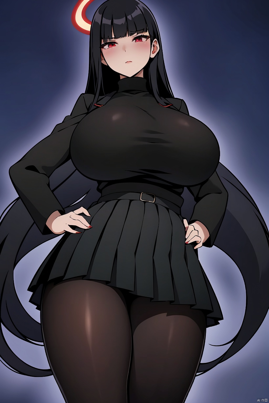 1girl solo long hair breasts looking at viewer blush bangs skirt large breasts black hair red eyes long sleeves holding very long hair standing jacket pantyhose pleated skirt miniskirt blunt bangs black skirt huge breasts black jacket hand on hip black pantyhose turtleneck halo turtleneck sweater chinese text